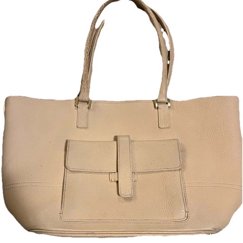 Loro Piana Beige Pebbled Leather Tote Bag Made in Italy Front Pocket Shopper‎